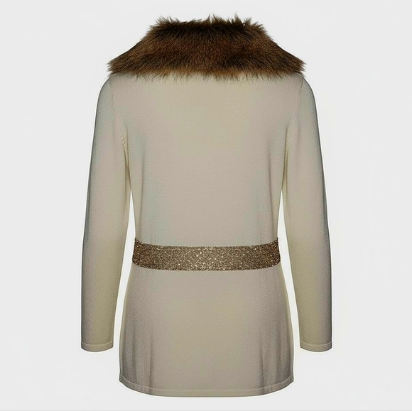 NWT Belldini Los Angeles Ivory Full Zip Cardigan Small Faux Fur Collar Y2K Glam - Picture 8 of 8